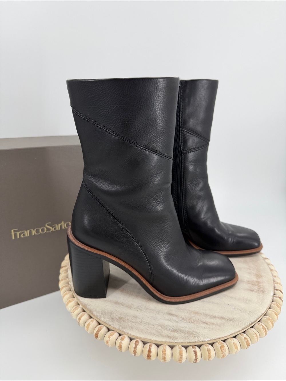 Franco Sarto L-Stevie Black Leather Mid-Calf Block Heel Boots Size 5M